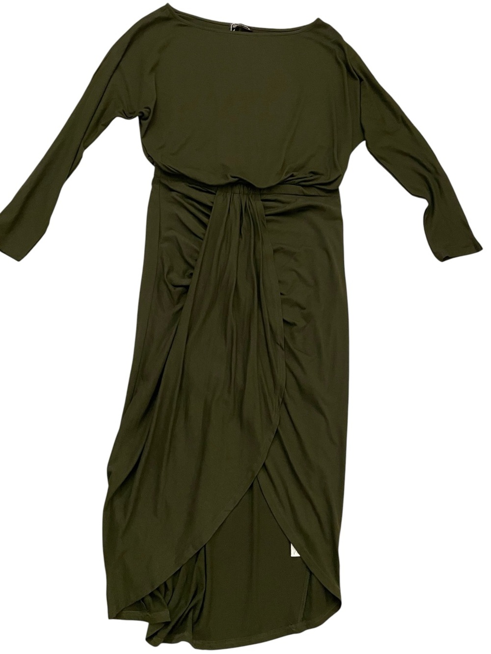 Olive Green Tie-Waist Long Sleeve Midi Dress